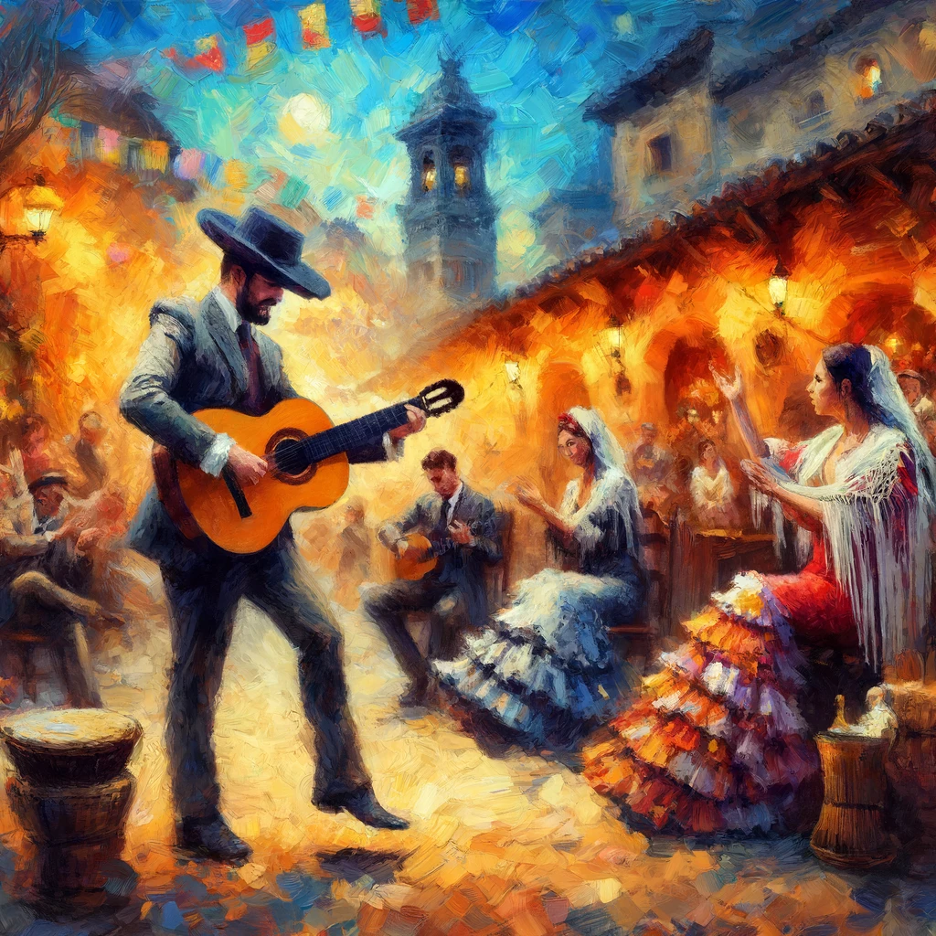 Pintura expresionista guitarrista flamenco y mujeres cantando