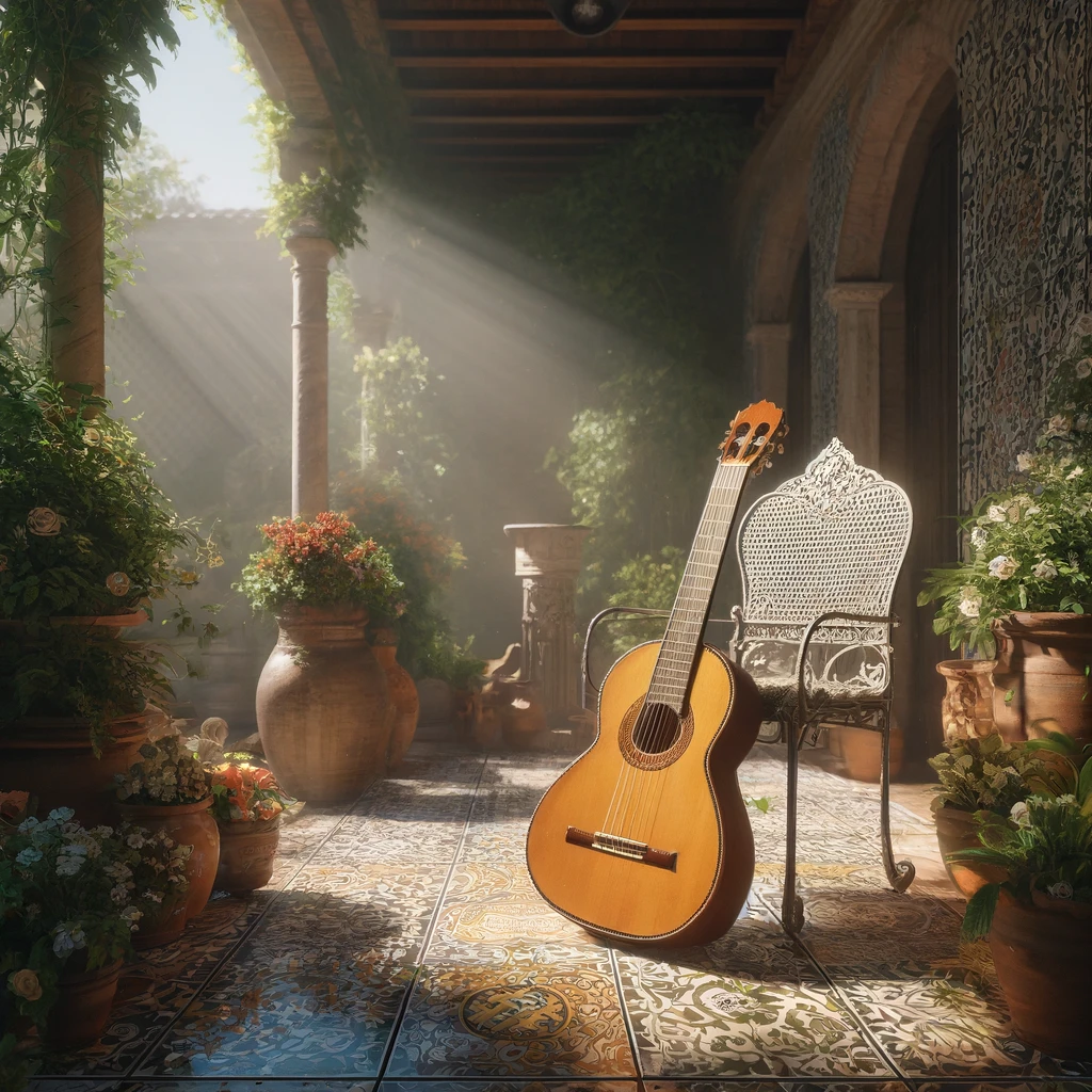 Guitarra flamenca apoyada en una silla en un patio andaluz