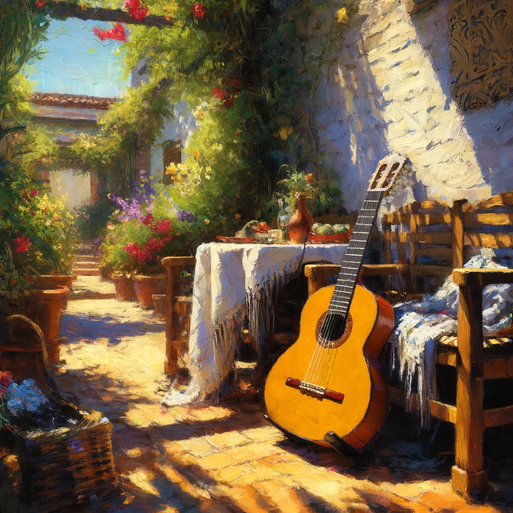 Ilustración impresionista guitarra flamenca en un patio andaluz